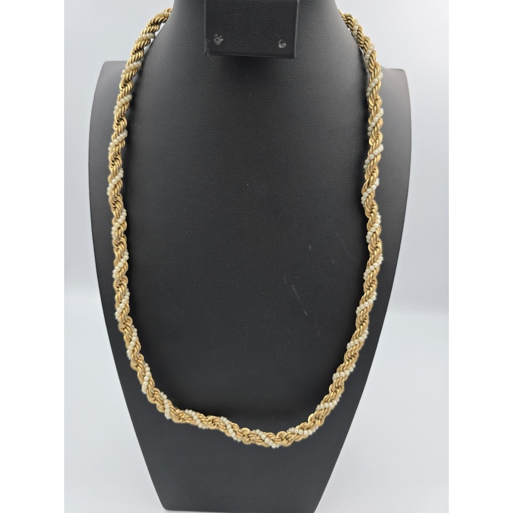 Vintage Citation Gold Tone Twisted Rope Chain Necklace with‎ Faux Pearl Accents